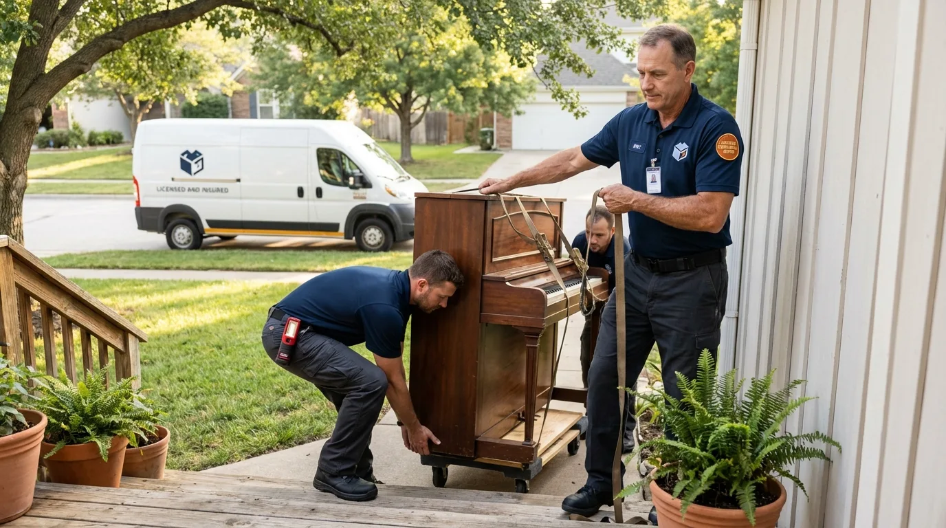 Licensed piano movers securing grand piano in Red Wing, MN