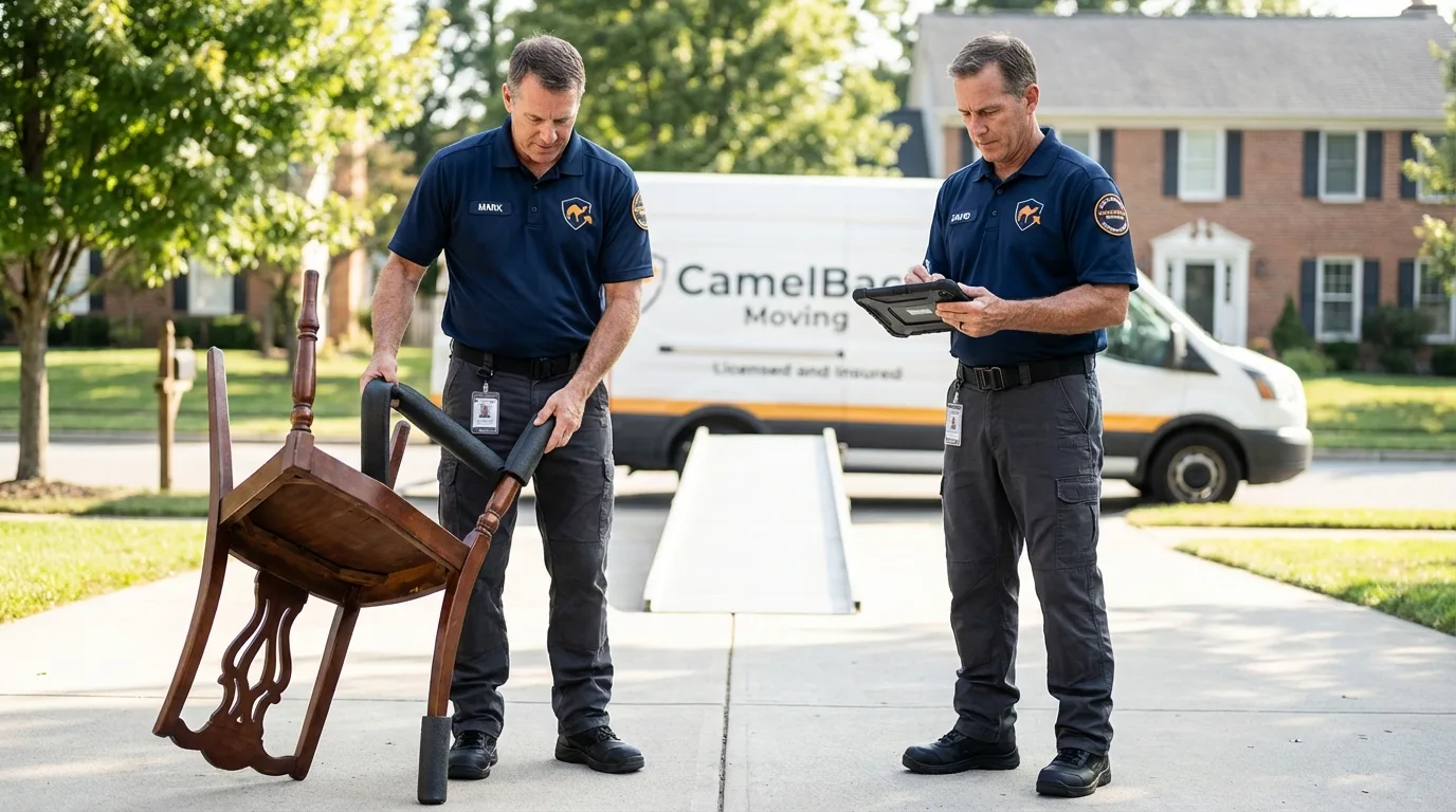 Movers inspecting furniture for damage prevention before loading in Red Wing, MN