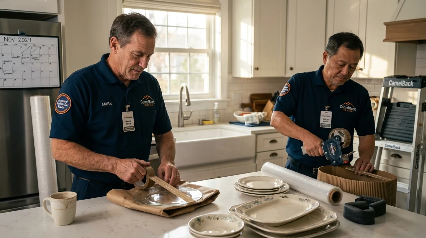 Professional crew packing kitchen dishware in Red Wing, MN